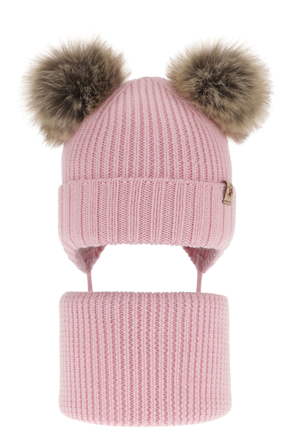 Ensemble d'hiver fille: bonnet et snood, rose, avec deux pompons, 100% Laine Mérinos, Silvia