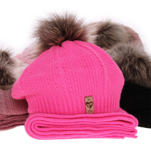 Ensemble d'hiver fille: béret et écharpe, rose, avec pompon, Elif