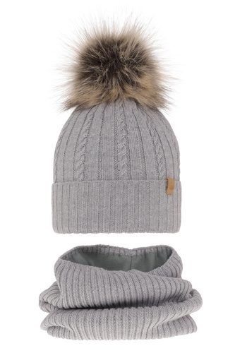 Ensemble d'hiver fille: bonnet et snood, gris, avec laine mérinos, Mirabel