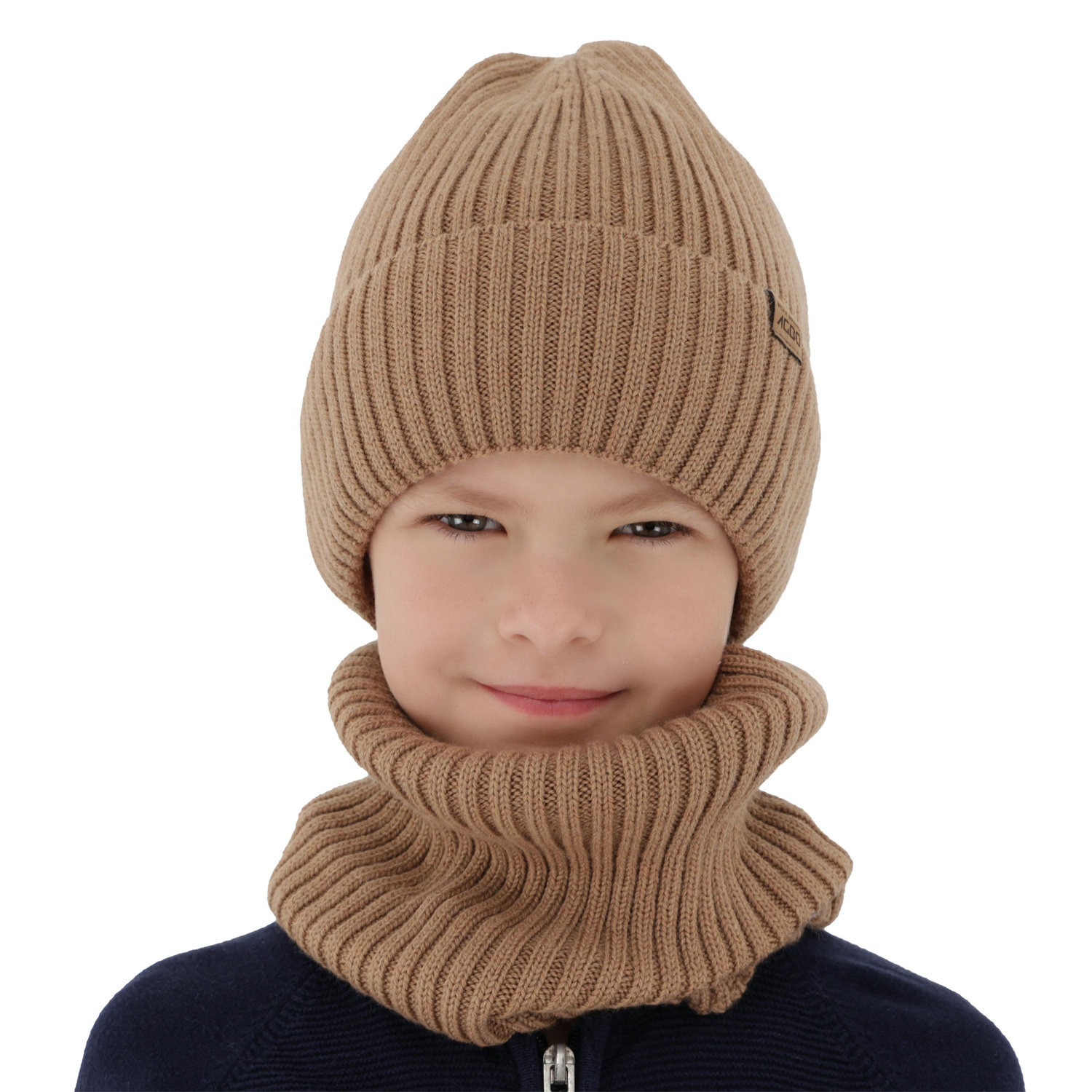 Ensemble d'hiver garçon (bonnet et snood), 100% Laine Mérinos, avec doublure en laine mérinos, camel, Domin