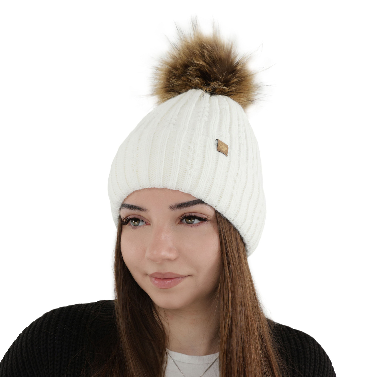 Bonnet d'hiver femme, noir, avec pompon, Savona