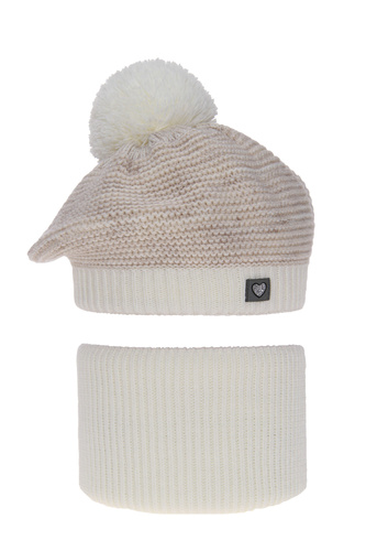 Ensemble d'hiver fille: beret et snood, beige, avec pompon, Lira