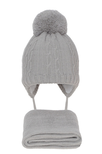 Ensemble d'hiver fille: bonnet et écharpe, gris, avec pompon, Candy