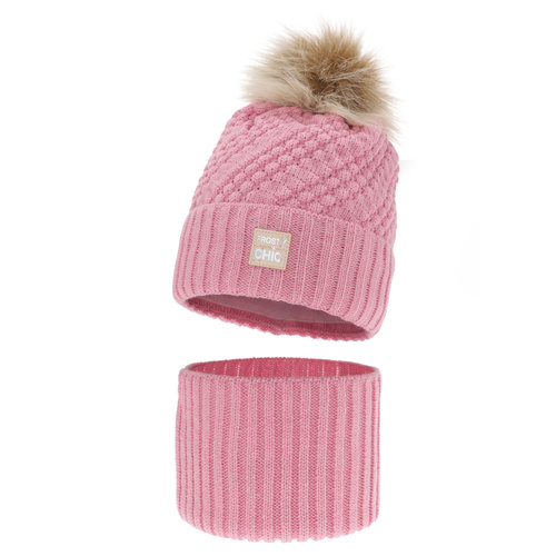 Ensemble d'hiver fille: bonnet et snood, rose, avec pompon, Alena