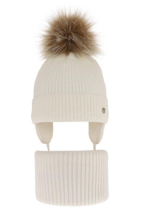 Ensemble d'hiver fille: bonnet et snood, crème, avec pompon, Debra