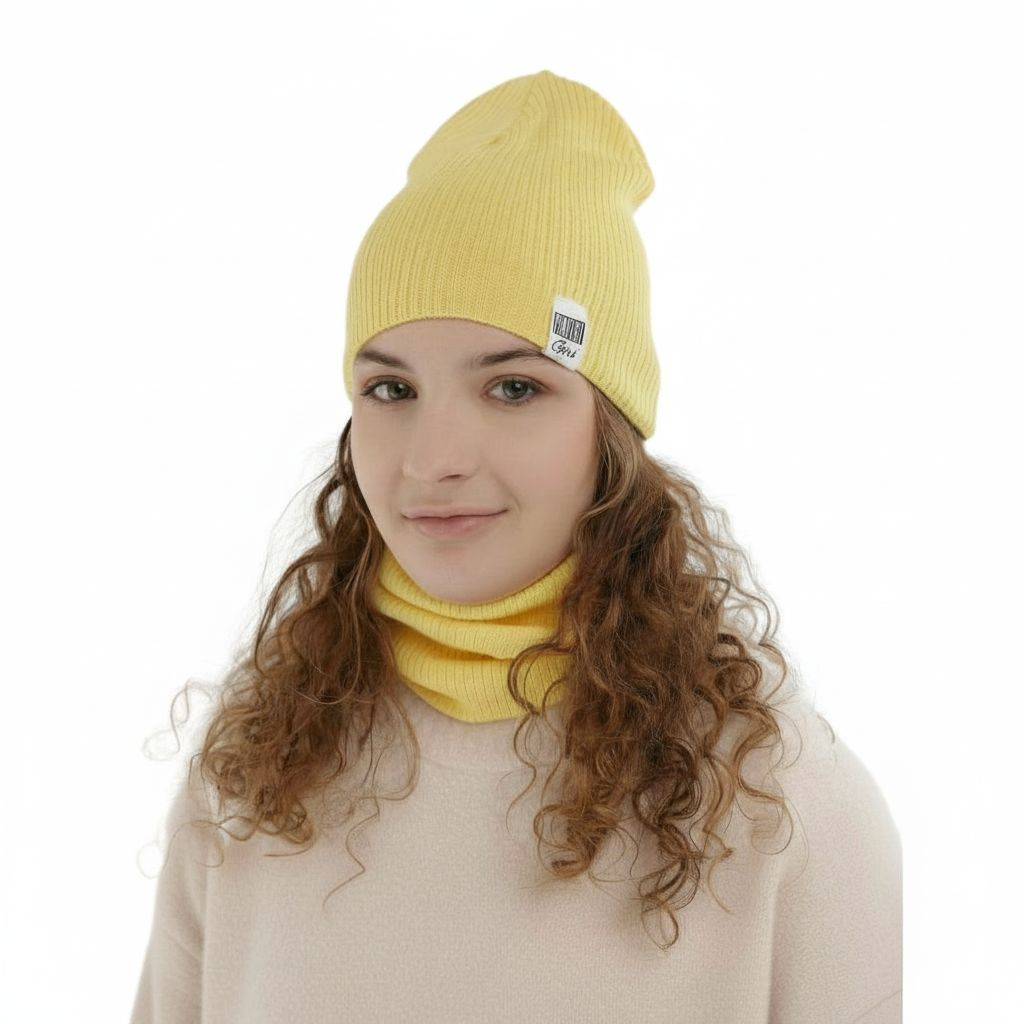 Ensemble automne/printemps fille: bonnet et snood, avec coton, jaune, Farinka