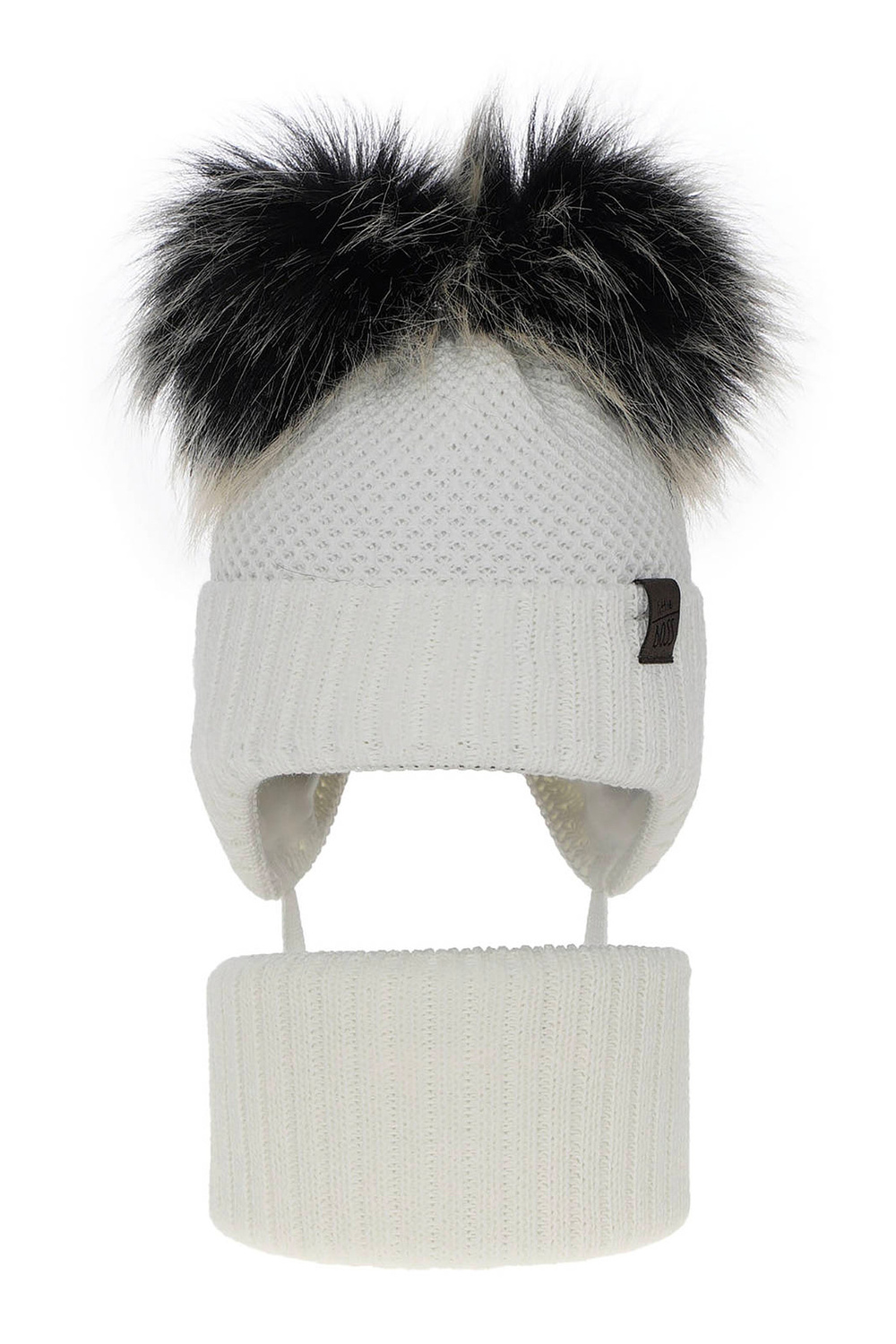Ensemble d'hiver garçon: bonnet et snood, blanc, avec deux pompons, avec liens, Randel