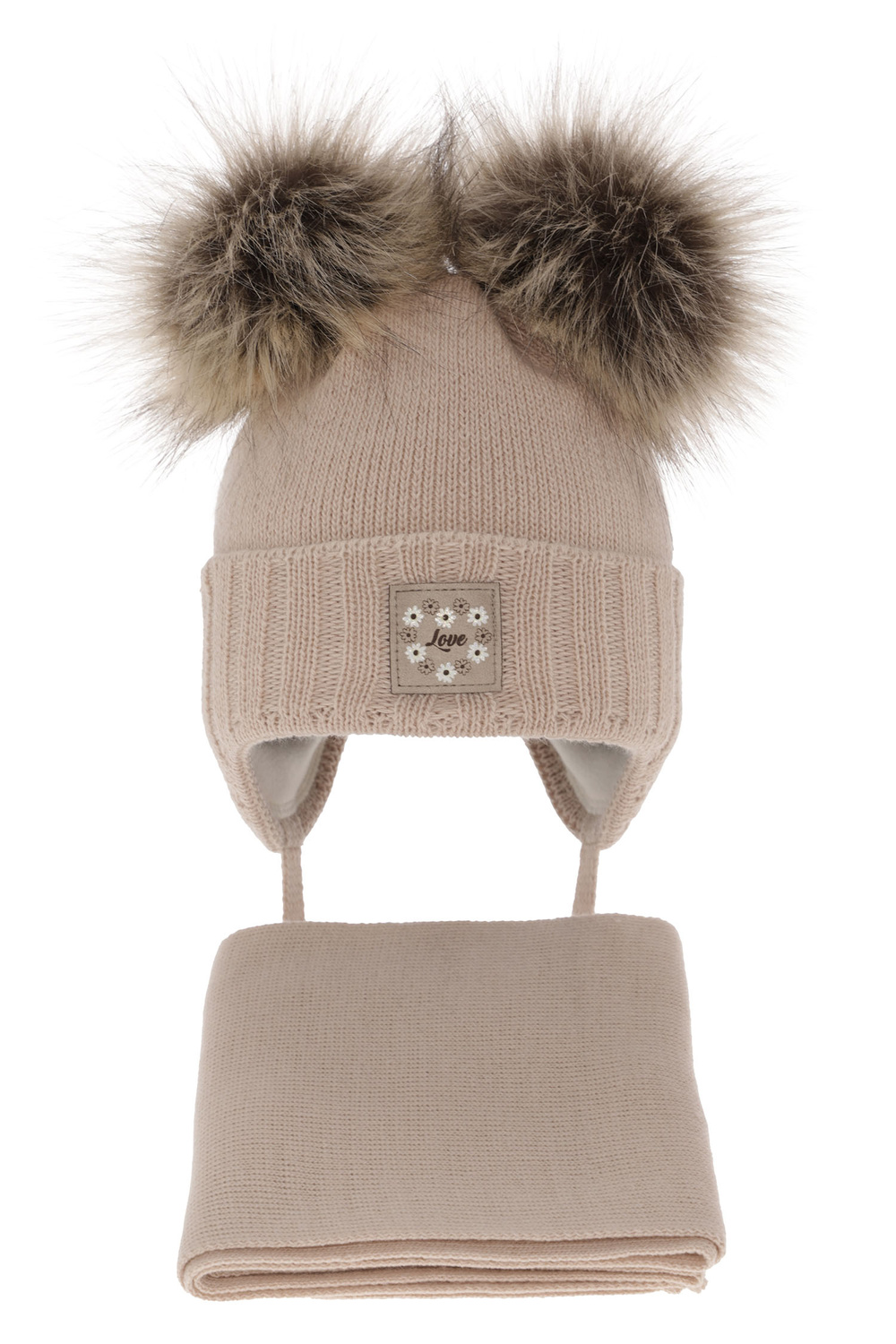 Ensemble d'hiver fille: bonnet et écharpe, beige, avec deux pompons, Jazz