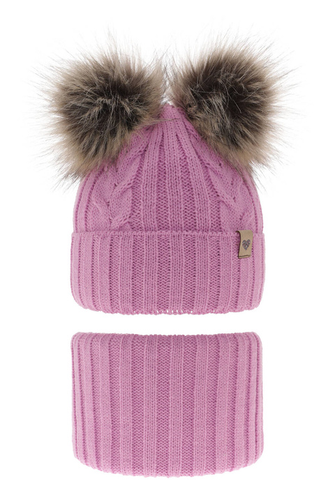 Ensemble d'hiver fille: bonnet et snood, rose, avec deux pompons, Amala