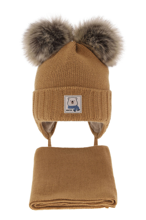 Ensemble d'hiver garçon: bonnet et écharpe, camel, avec deux pompons, Jewel