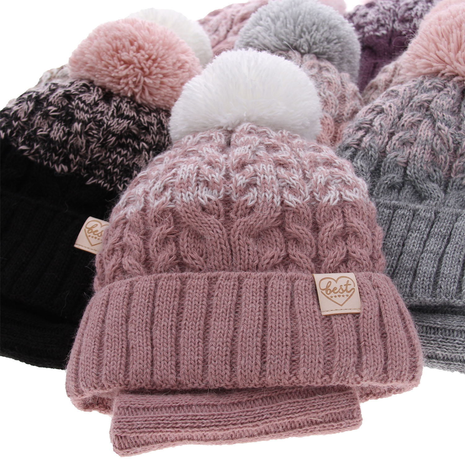 Ensemble d'hiver fille: bonnet et snood, rose, avec pompon, Zendaya