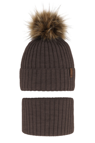 Ensemble d'hiver garçon: bonnet et snood, brun, avec pompon, Onyks