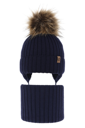 Ensemble d'hiver garçon: bonnet et snood, bleu marine, avec pompon, 100% Laine Mérinos, Juno