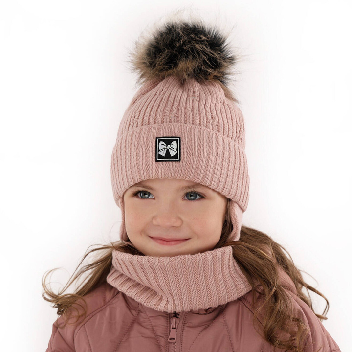 Ensemble d'hiver fille: bonnet et snood, rose, avec pompon, Kinia