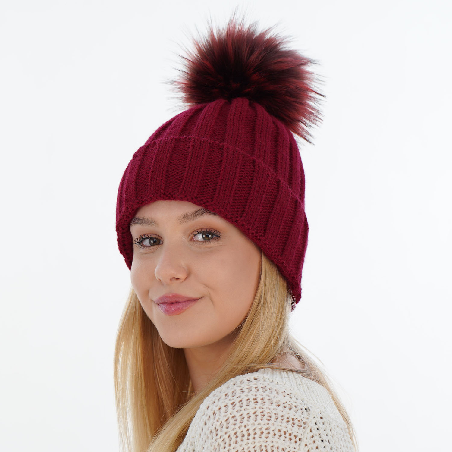 Bonnet d'hiver femme, beige, avec pompon, Mokka