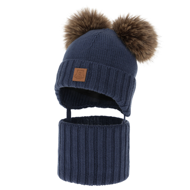 Ensemble bonnet et tour de cou garçon, hiver, bleu foncé, 100% laine mérinos, doublé polaire laine, Ronik