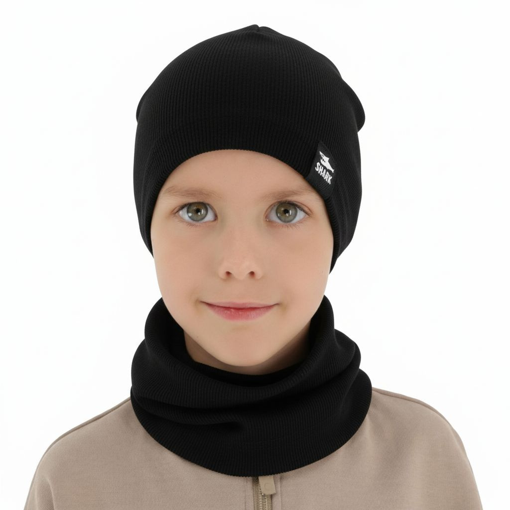 Ensemble automne/printemps garçon: bonnet et snood, en coton, noir, Rumel
