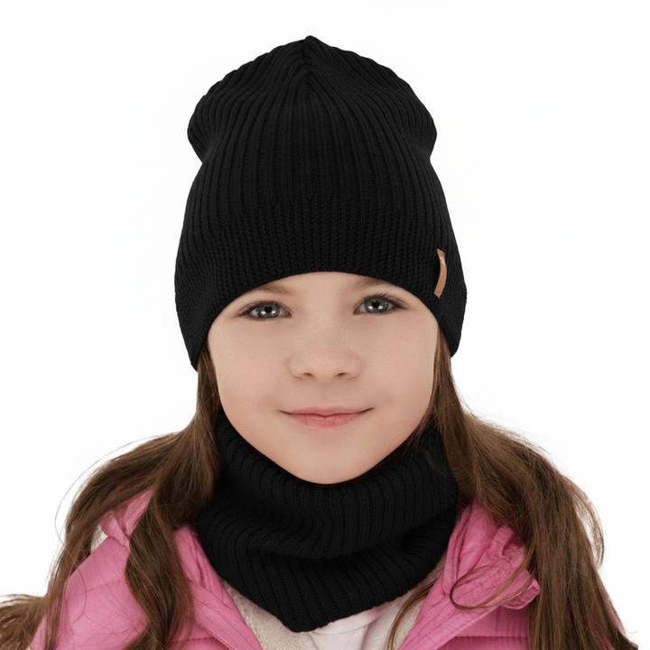Ensemble automne/printemps fille: bonnet et snood, noir, avec laine mérinos, Chelsie
