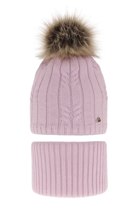 Ensemble d'hiver fille: bonnet et snood, lilas, avec pompon, Amaltea