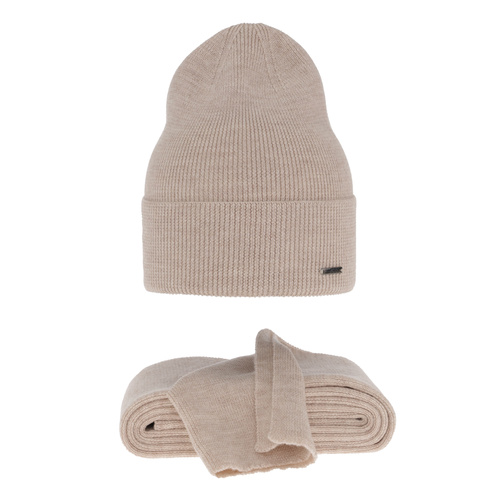 Ensemble d'hiver femme: bonnet et écharpe, beige, avec laine mérinos, Melpomena