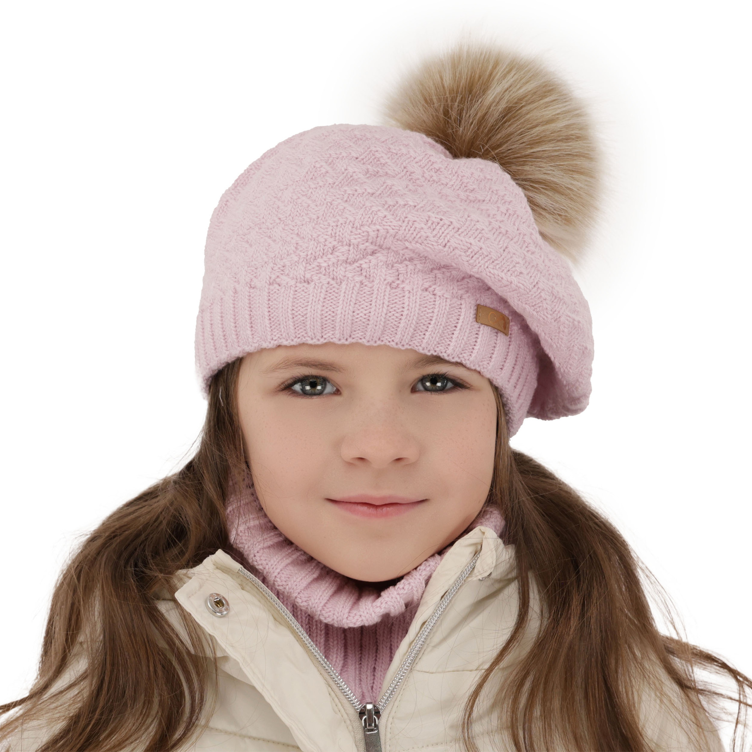 Ensemble d'hiver fille: beret et snood, beige, avec pompon, Atene