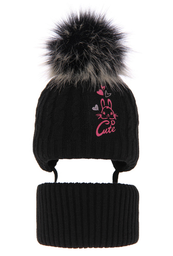 Ensemble d'hiver fille: bonnet et snood, noir, avec pompon, Treccia