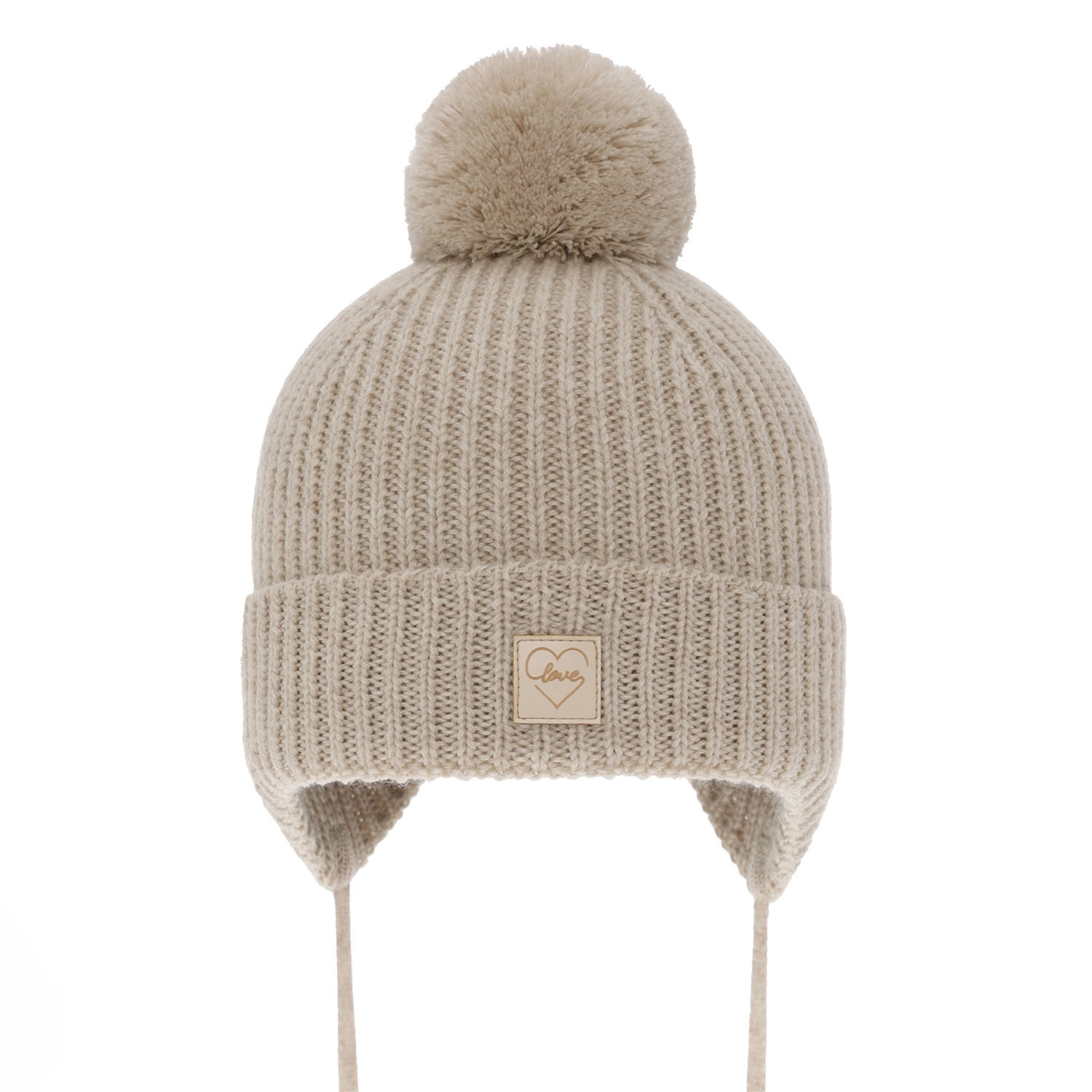Bonnet d'hiver fille, beige, avec pompon, avec laine mérinos, doublé de polaire, avec liens, Havana