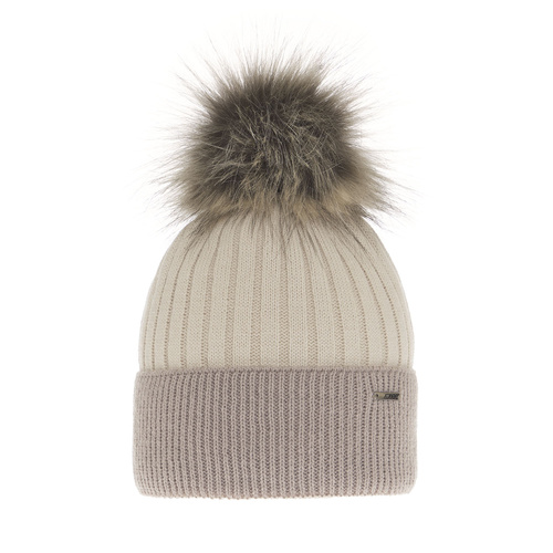 Bonnet d'hiver femme, beige, avec pompon, Funda