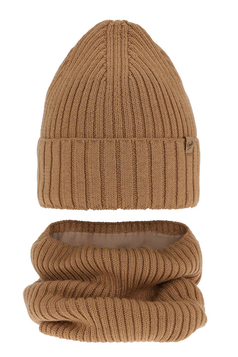 Ensemble d'hiver fille: bonnet et snood, camel, avec laine mérinos, Mesalia