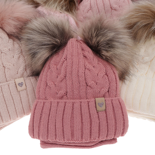 Ensemble d'hiver fille: bonnet et snood, camel, avec deux pompons, Amala