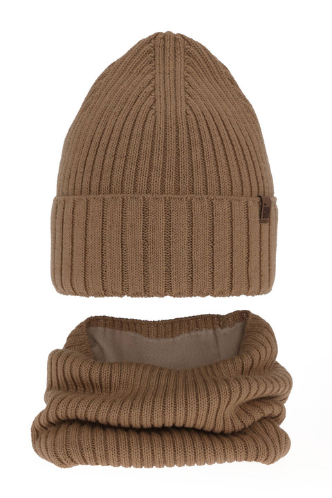 Ensemble d'hiver garçon: bonnet et snood, camel, avec laine mérinos, doublé de polaire, Metis
