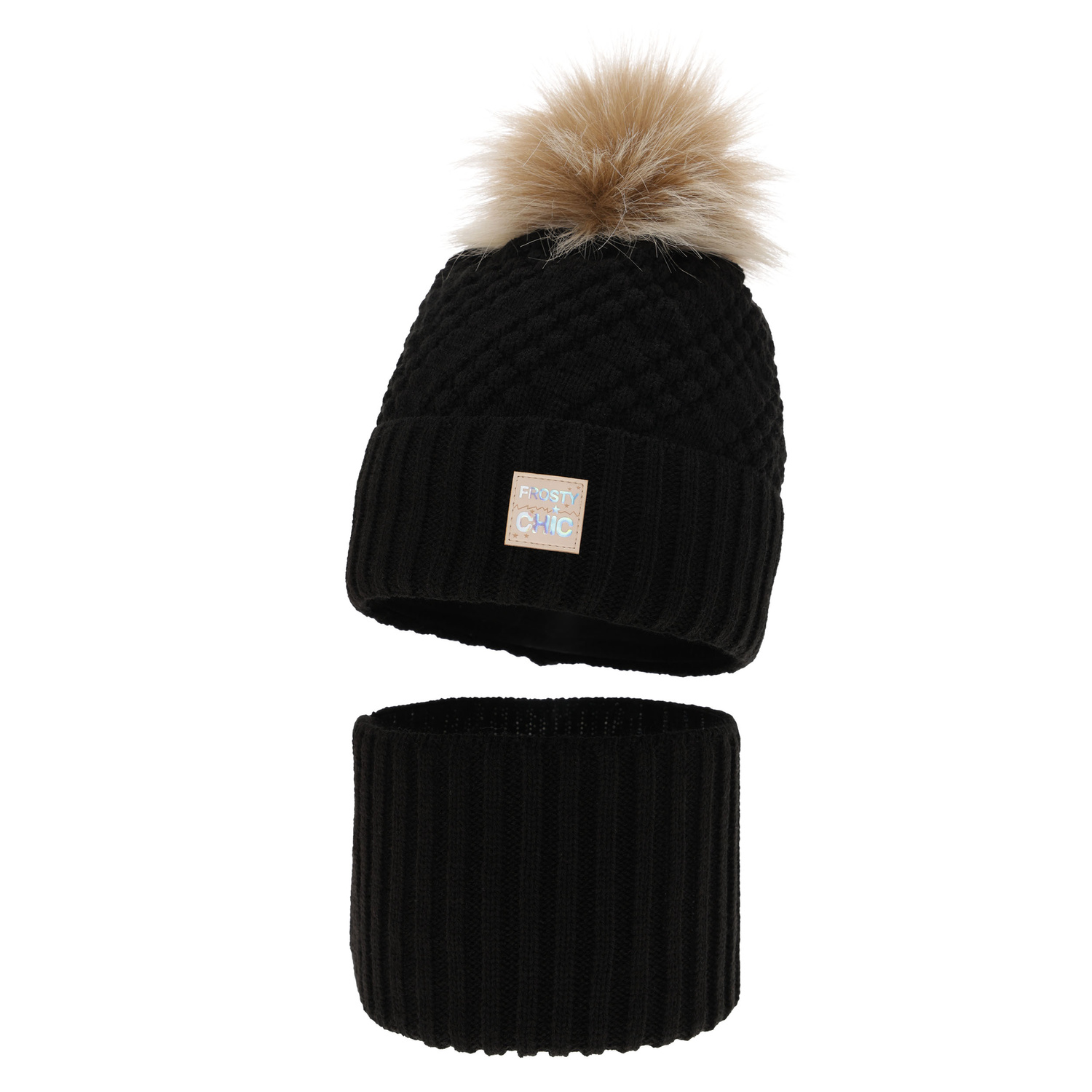 Ensemble d'hiver fille: bonnet et snood, noir, avec pompon, Alena