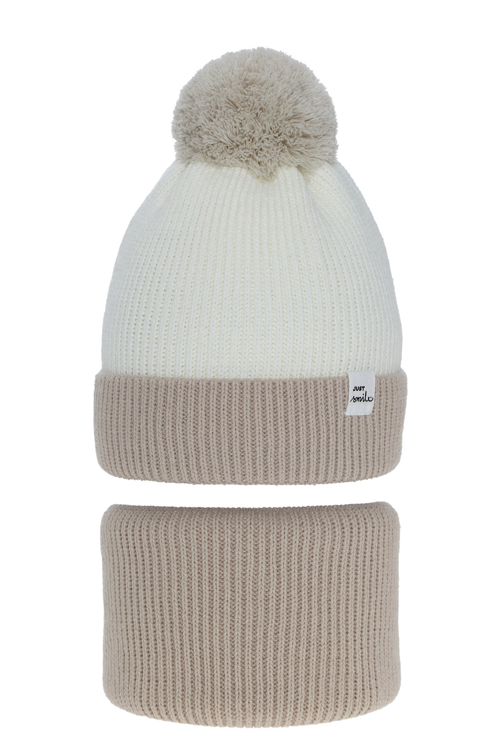 Ensemble d'hiver fille: bonnet et snood, beige, avec pompon, Rosalin