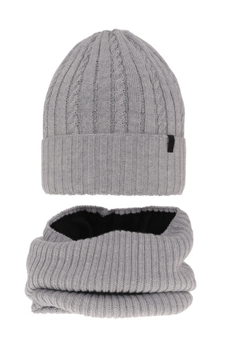 Ensemble d'hiver garçon: bonnet et snood, gris, avec laine mérinos, doublé de polaire, Kairo