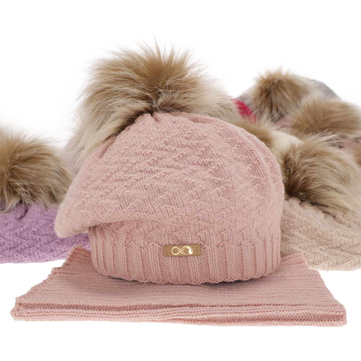 Ensemble d'hiver fille: bonnet et snood, violet, avec pompon, Atene