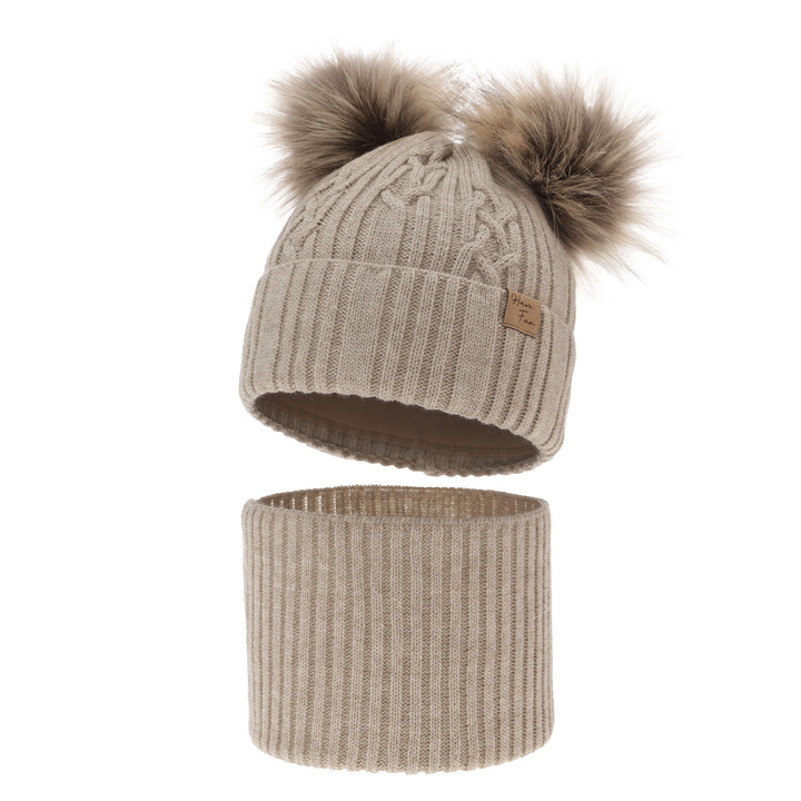 Ensemble d'hiver fille: bonnet et snood, beige, avec deux pompons, Sierra