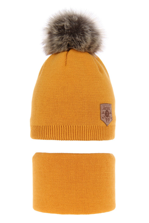Ensemble d'hiver garçon: bonnet et snood, miel, avec pompon, Apolin