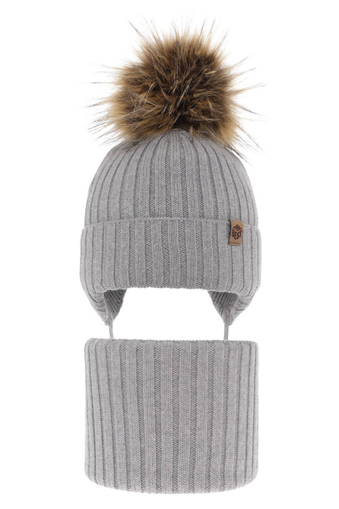 Ensemble d'hiver garçon: bonnet et snood, gris, avec liens, 100% Laine Mérinos Extrafine, Juno