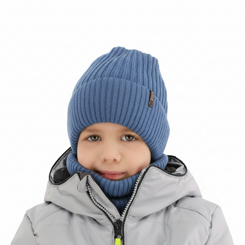 Ensemble d'hiver garçon: bonnet et snood, bleu, avec laine mérinos, Gizmo