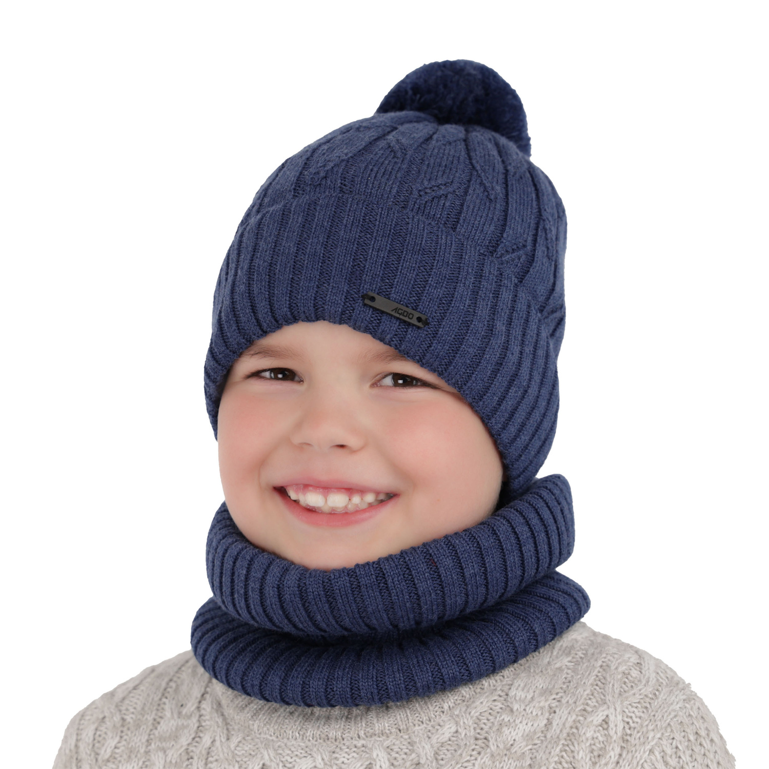 Ensemble d'hiver garçon: bonnet et snood, brun, avec pompon, avec laine mérinos, Talar