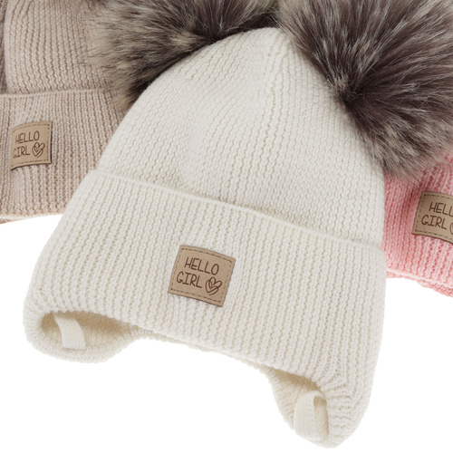 Bonnet d'hiver fille, blanc, 100% Laine Mérinos, doublé de polaire en laine, avec liens, Trudina