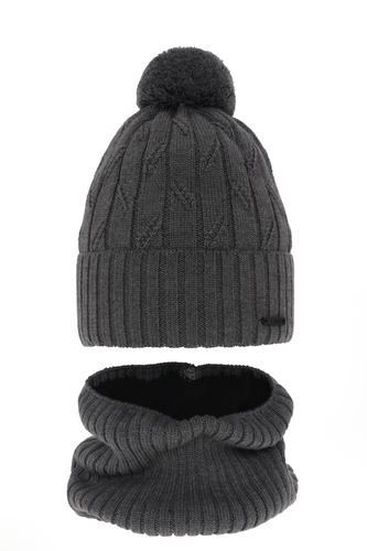 Ensemble d'hiver garçon: bonnet et snood, gris, avec pompon, avec laine mérinos, Talar