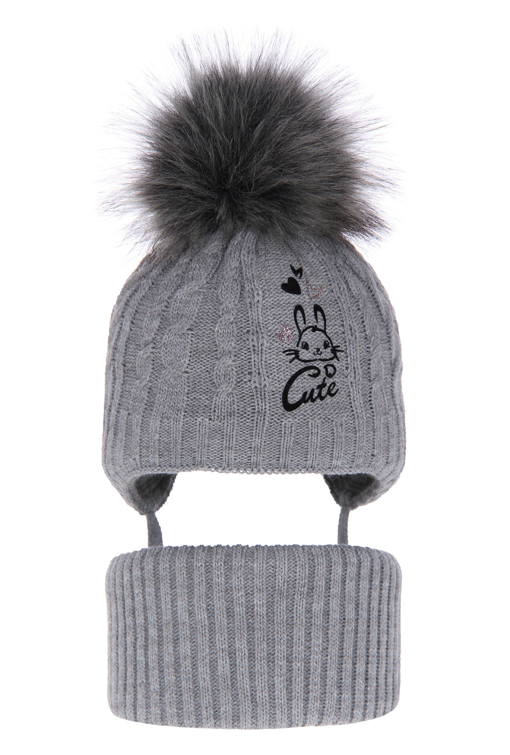 Ensemble d'hiver fille: bonnet et snood, gris, avec pompon, Treccia