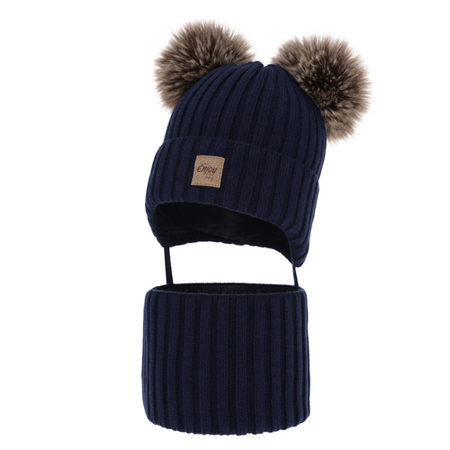 Ensemble d'hiver garçon: bonnet et snood, bleu marine, avec deux pompons, avec liens, Orange