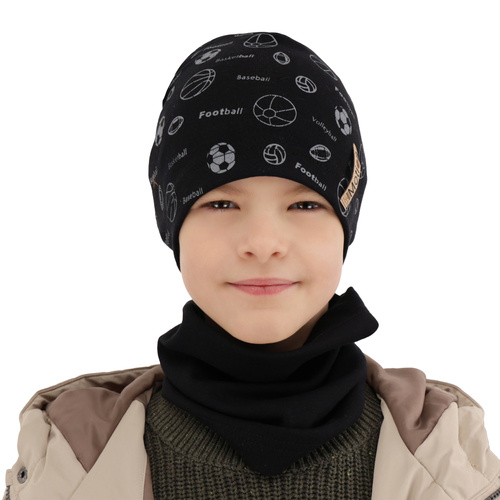 Ensemble automne/printemps garçon: bonnet et snood, noir, en coton, Paolo