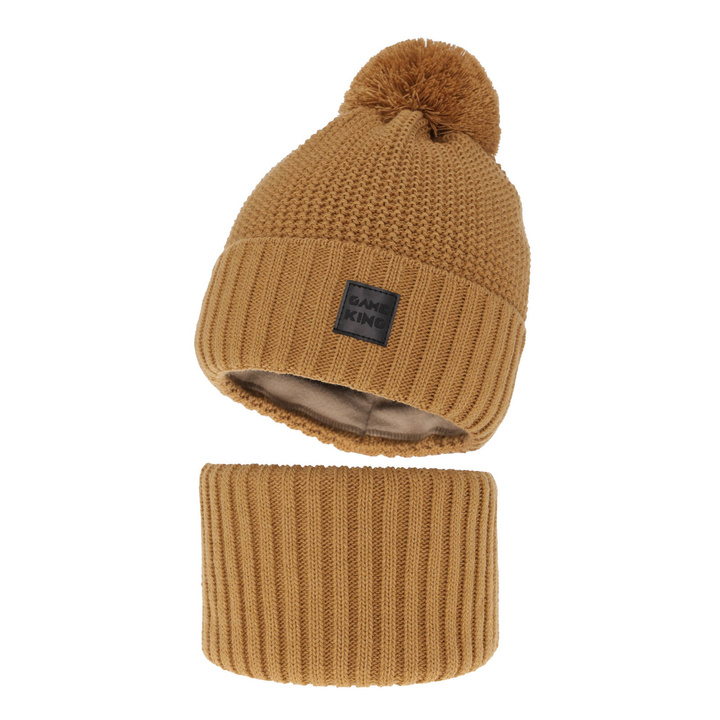 Ensemble d'hiver garçon: bonnet et snood, camel, avec pompon, Conan