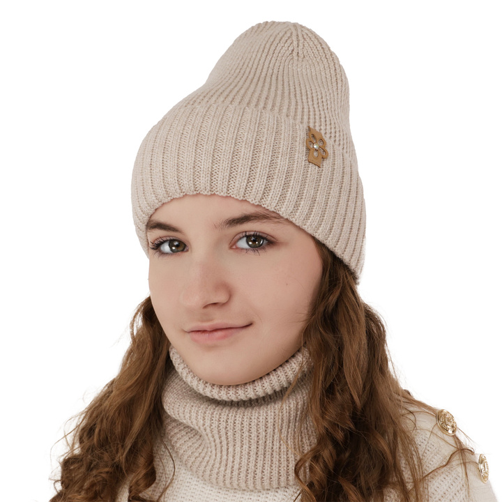 Ensemble d'hiver fille: bonnet et snood, beige, avec laine mérinos, Nelita