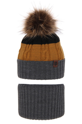 Ensemble d'hiver garçon: bonnet et snood, gris, avec pompon, Karmel