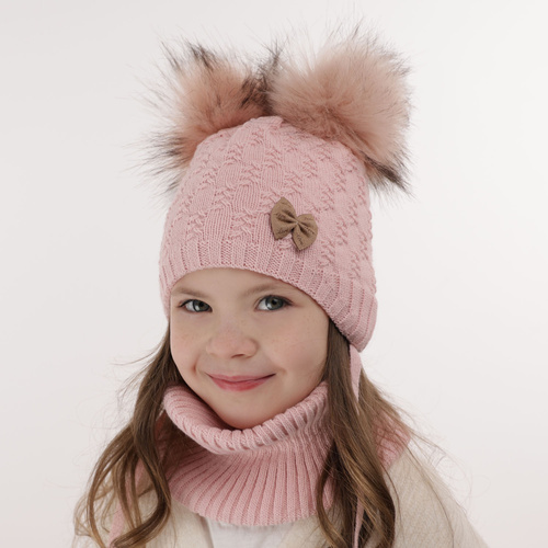 Ensemble d'hiver fille: bonnet et snood, rose, avec deux pompons, avec liens, Bettina