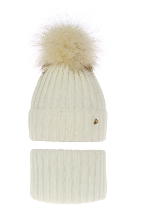 Ensemble d'hiver fille: bonnet et snood, crème, avec pompon, Wilma